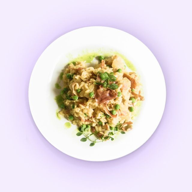 Chorizo and pea risotto